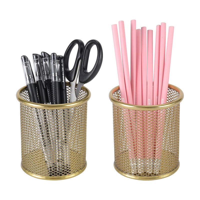 PAG Pencil Holder for Desk, 2 Pack Desktop Pen Cup, Office Supplies Desk Organizers and Accessories Organization, Makeup Brush Holder, Gold - Image 1